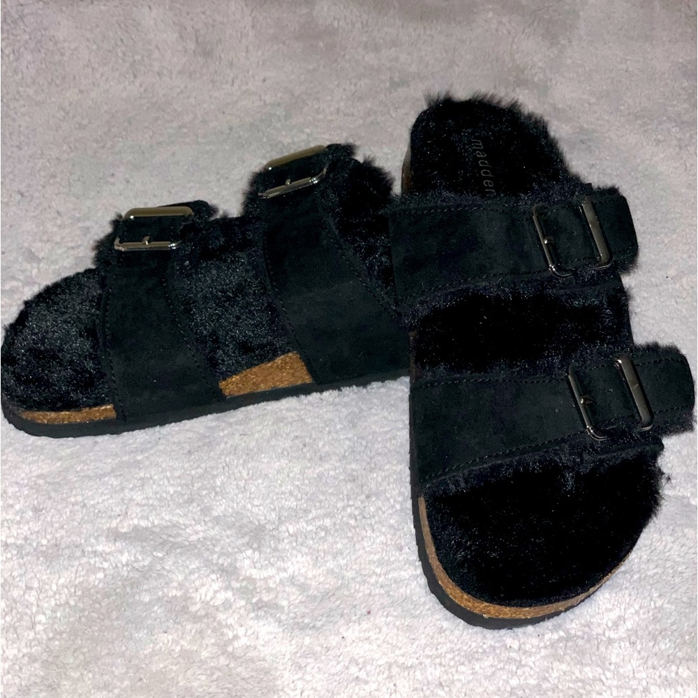 Madden Girl (by Steve Madden) black Faux Fur slip ons